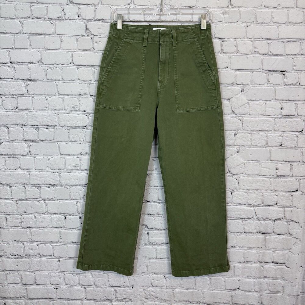 Pistola Sophia Twill Pants Women 26 Basil Green Flap Pockets High Rise Wide Leg - Picture 3 of 8
